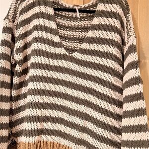 Free People Olive and Cream V-Neck Sweater